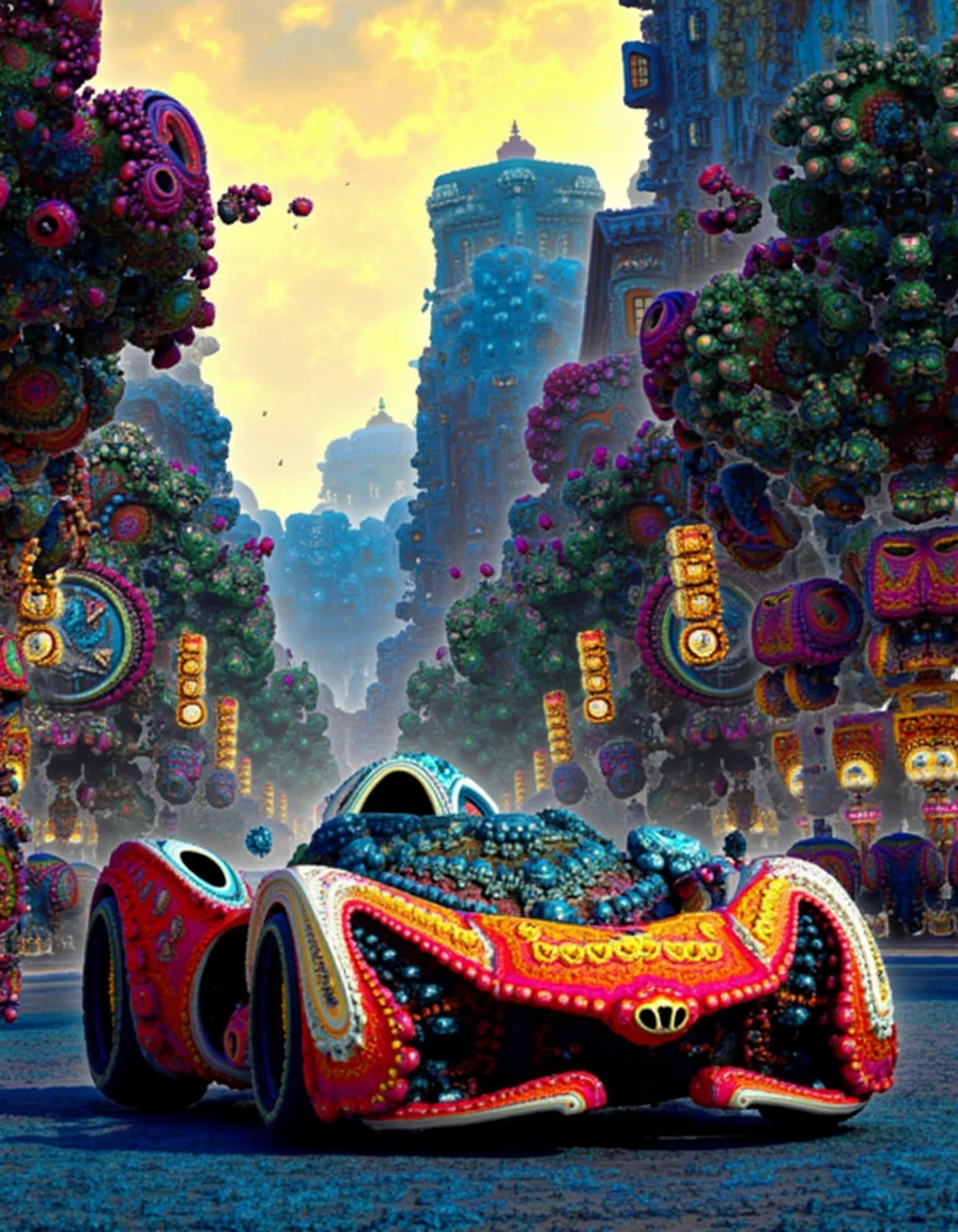 still life art by Samuel Peploe and Posuka Demizu, A futuristic ilak style sports-car on a city street.  Inspired by ilak.  Lighting as if the sun had set outside. Scottish colourist, still life, sharp focus, intricate and detailed illustrations, fantasy and retro-futurist themes and style.  