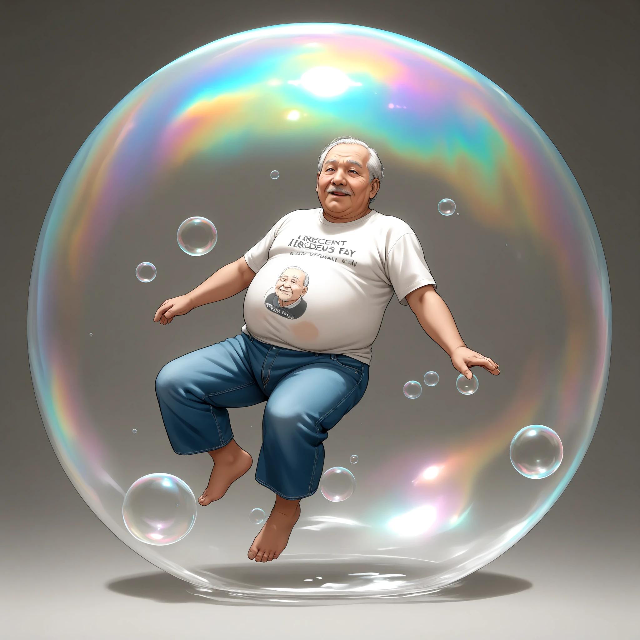 <lora:iridescent_bubble_SDXL:0.7>, iridescent bubble, old man, floating, full body, fat man, t-shirt, denim