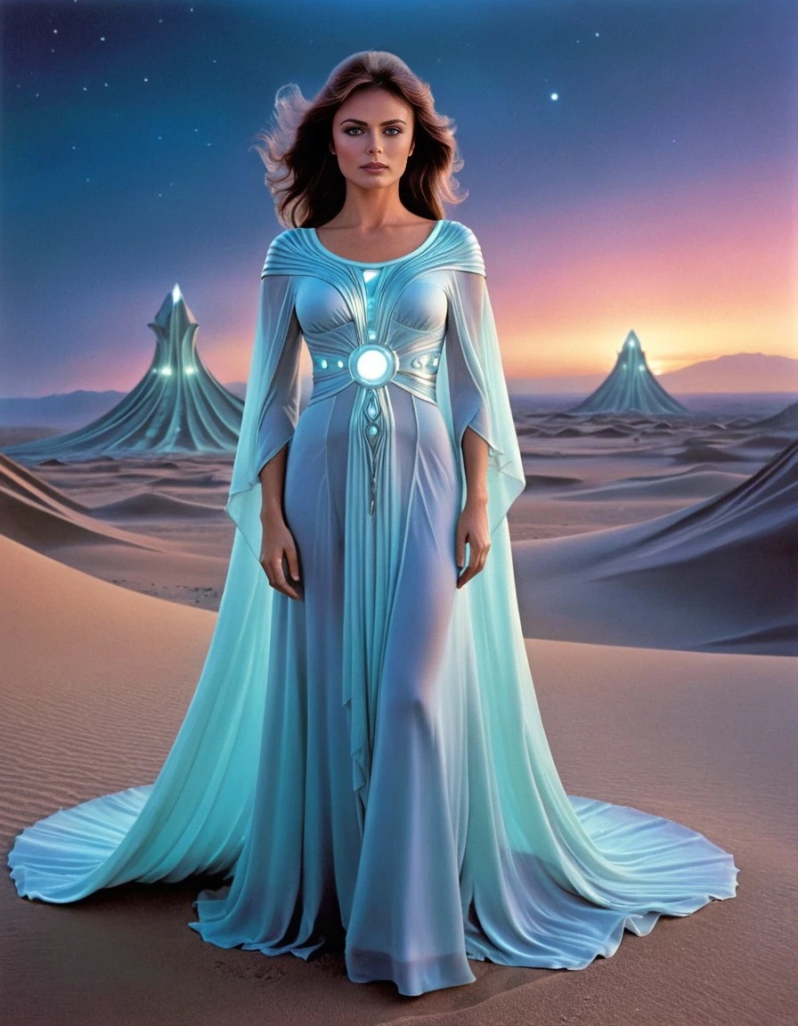 sci-fi style, Photorealism <lora:jacquelinebissetSDXLbase-000008:1>,  upper body photo of jacquelinebissetSDXL, wearing ethereal fantasy dress, iluminescent dress, on an alien desert planet, at dusk (looking at the viewer:1.3), masterpiece, award winning, Photorealism, often for highly detailed representation, photographic accuracy, or visual illusion., futuristic, technological, space themes, advanced civilizations