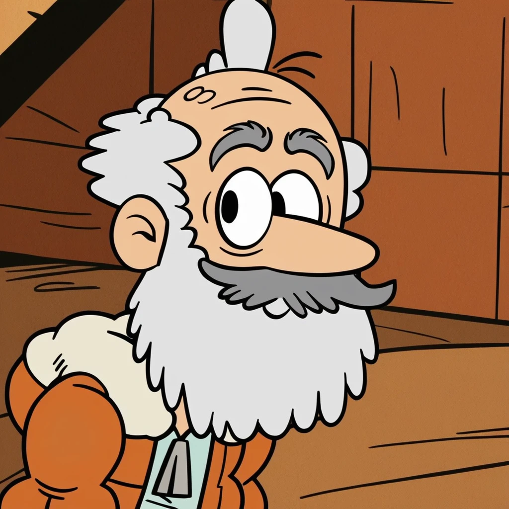 score_9_up, score_8_up, score_7_up, high quality, detailed, 1boy, source_cartoon, male, solo male, human, broad shoulders, mature male, older man, long nose, black eyes, cartoon style, white hair, receding hair, gray mustache, thick eyebrows, broad shoulders, mature, grandfather, old man, bottom heavy, orange jacket, blue shirt, smiling, looking at viewer, bust shot, cabin background