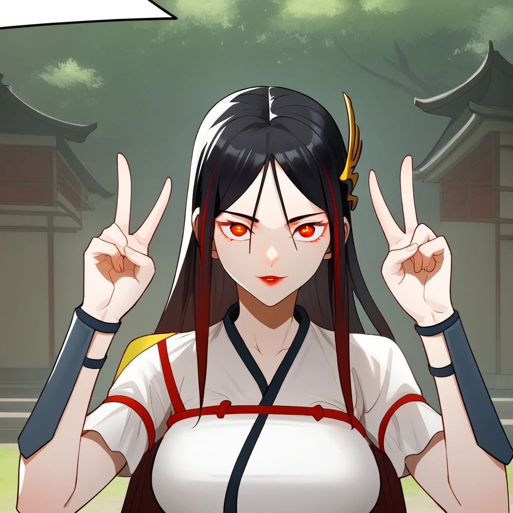 score_9_up, score_8_up, BREAK, MulanXuanwu, 1girl, solo, black hair, multicolored hair, long hair, red eyes, chinese clothes, cowboy shot, <lora:MulanXuanwu_SurviveAsTheHeroHusband_PXL_Leaf2:1>, looking at viewer,  outdoors, double v,