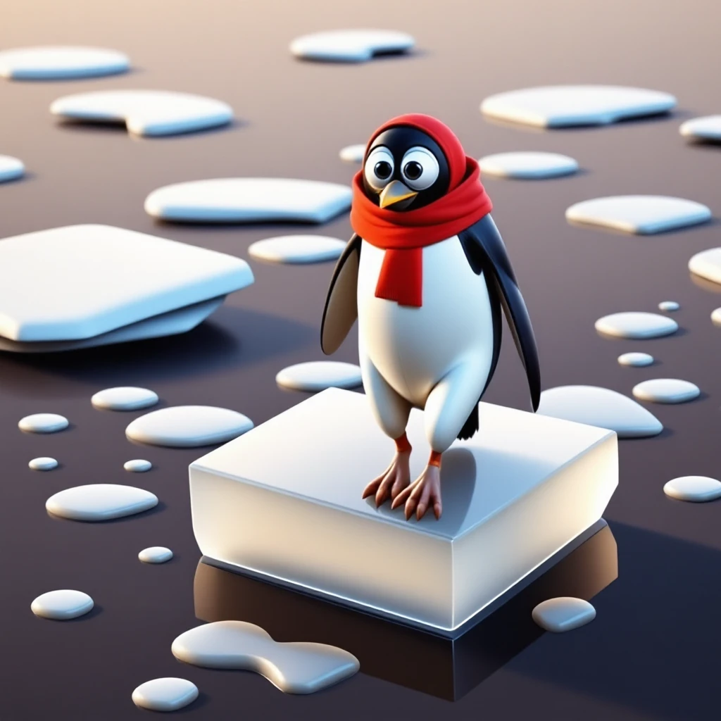 a penguin standing on block of ice, ice is melting. desert oasis.
. natural lightsource