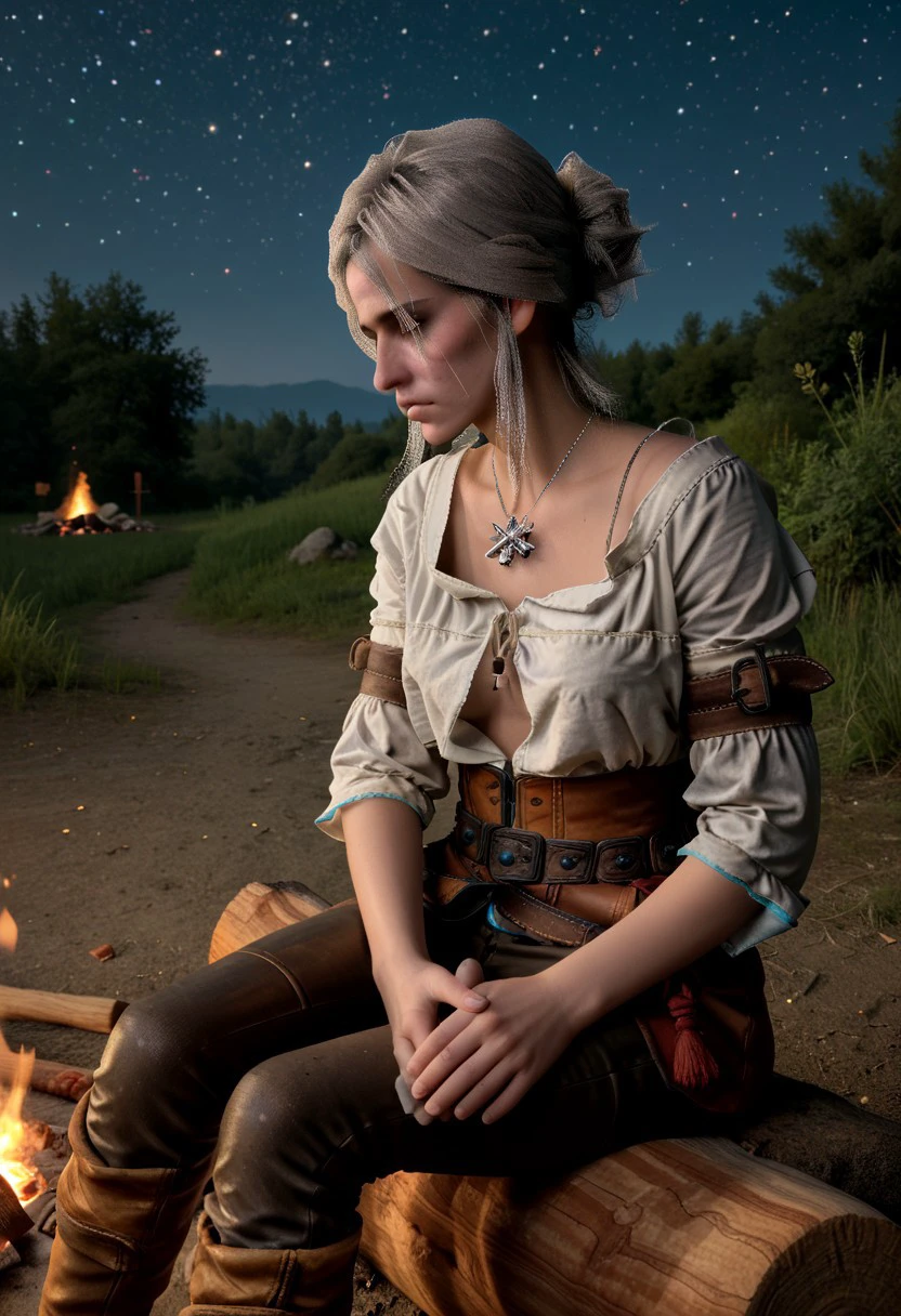 score_9, score_8_up, score_7_up, Ciri sitting by a campfire under the stars, lost in thought, her sword resting beside her."