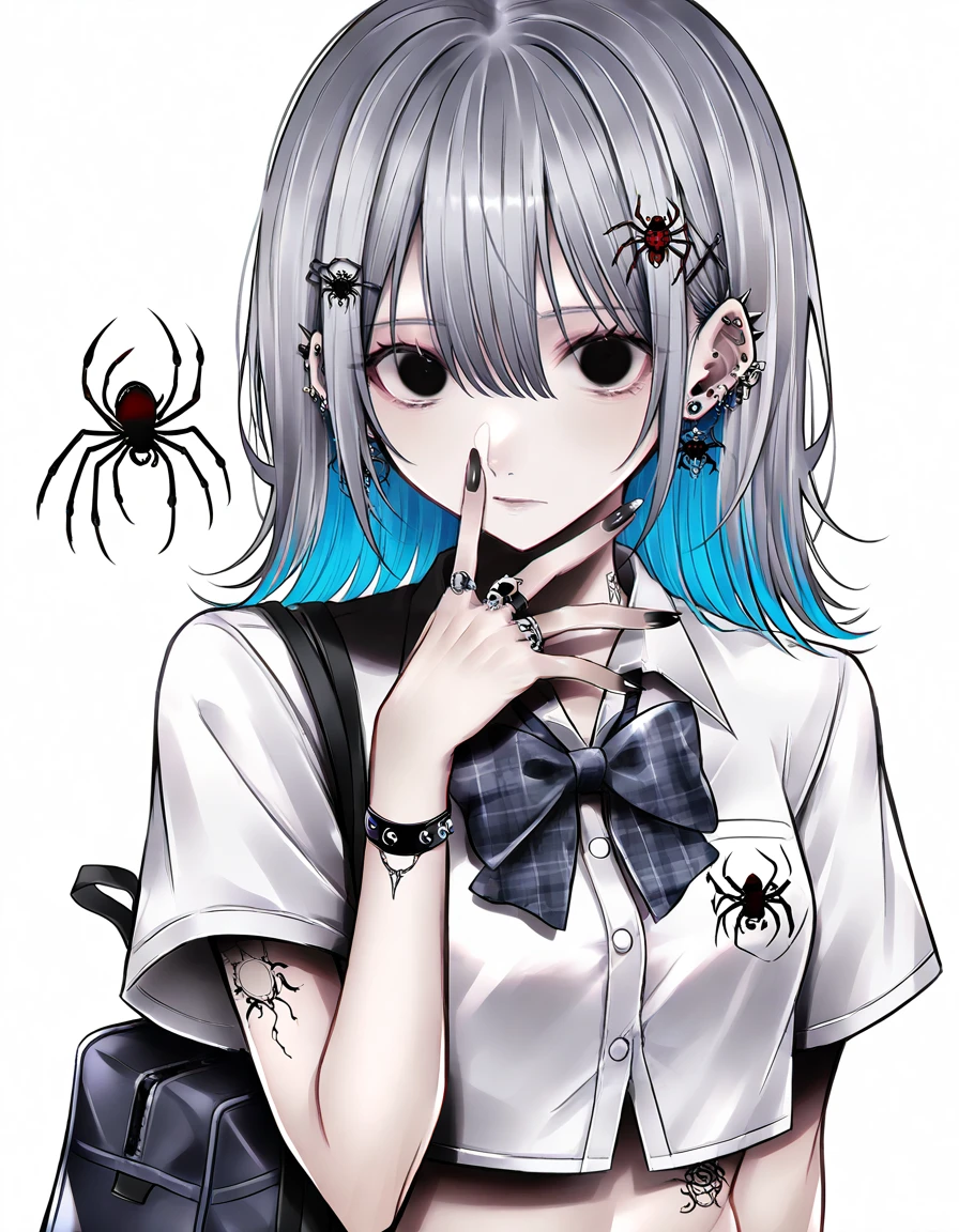 <lora:Erigoth:1>, 1girl, bag, black eyes, black nails, blue hair, bowtie, crop top, ear piercing, earrings, fingernails, grey hair, hair between eyes, hair ornament, jewelry, plaid, school uniform, shirt, simple background, solo, spider, tattoo, upper body, white shirt