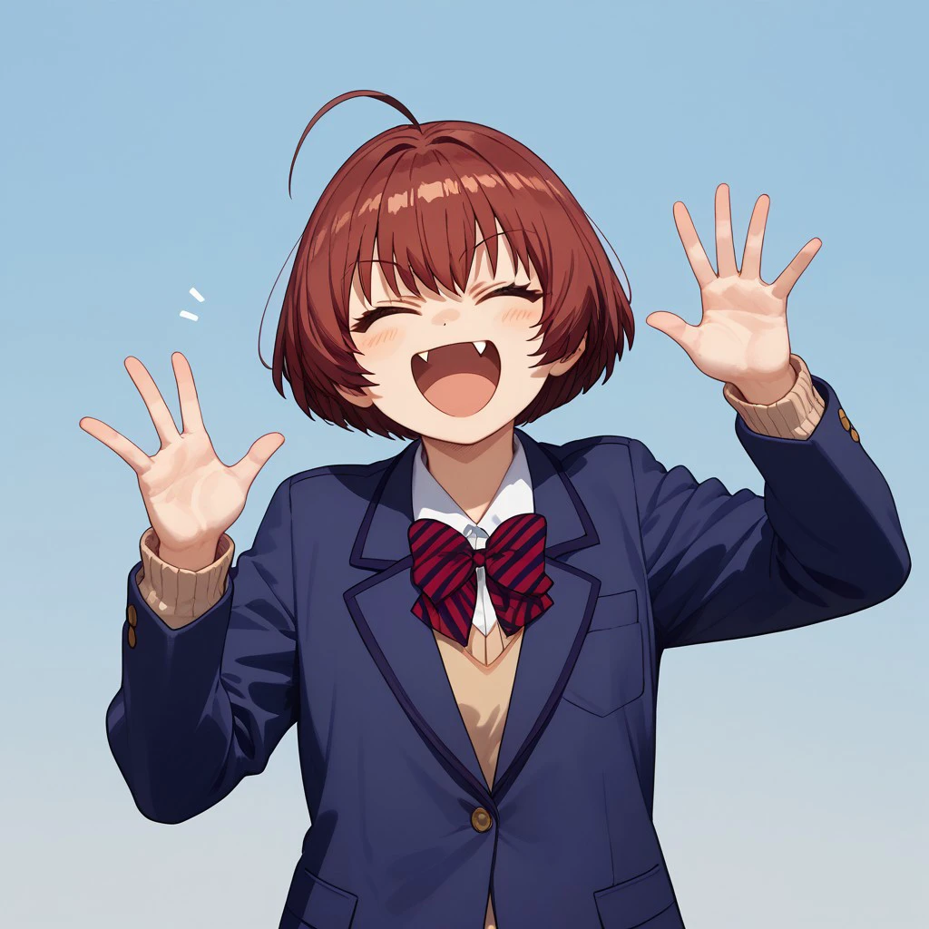 score_9, score_8_up, score_7_up, akakoonigashima, 1girl, (fullbody), school uniform, jacket, short hair, red hair, ahoge, happy, eyes closed, one fang