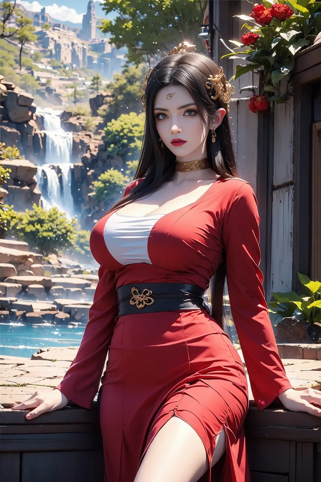 masterpiece,best quality,extremely high detailed,intricate,8k,HDR,wallpaper,cinematic lighting,(universe:1.4),Huge chest,purple hair,1girl,jewelry,solo,water,earrings,waterfall,hair ornament,blue eyes,long hair,chinese clothes,black hair,dress,flower,braid,long sleeves,hanfu,breasts,sash,petals,looking at viewer,rock,hand on own chest,hair flower,tree,branch,forehead mark,outdoors,<lora:ç¾æèXXMix:0.8>,<lora:æ¸©é¦¨çå¨ç»åºæ¯:0.6>,