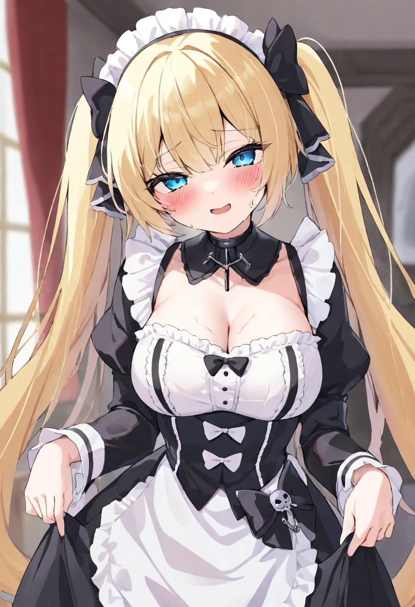 Best lighting, Absurd, masterpiece, Highest quality, Ultra-detailed illustrations, (One Girl:1.3), Absurd high detailed face, Center of chest, Long blonde hair, Maid clothes, apron, maid apron, Maid'headdress of, Short dress, Detailed blue eyes, Twin tails, indoor, window, shy, blush, cute, Hands in front