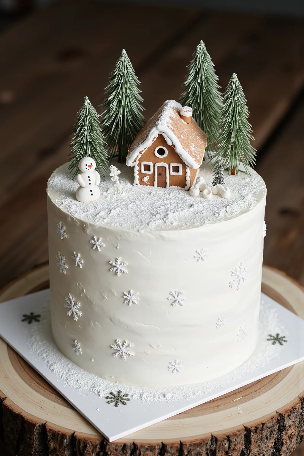 CynthiaCake.Design a single-tier cake inspired by a cozy winter cabin scene. Cover the cake in white icing with a dusting of edible snow for texture. Add hand-crafted sugar pine trees and a miniature edible gingerbread house on top, surrounded by edible snowflakes and a small edible snowman. Include a light dusting of edible glitter to make it sparkle **** fresh snow.