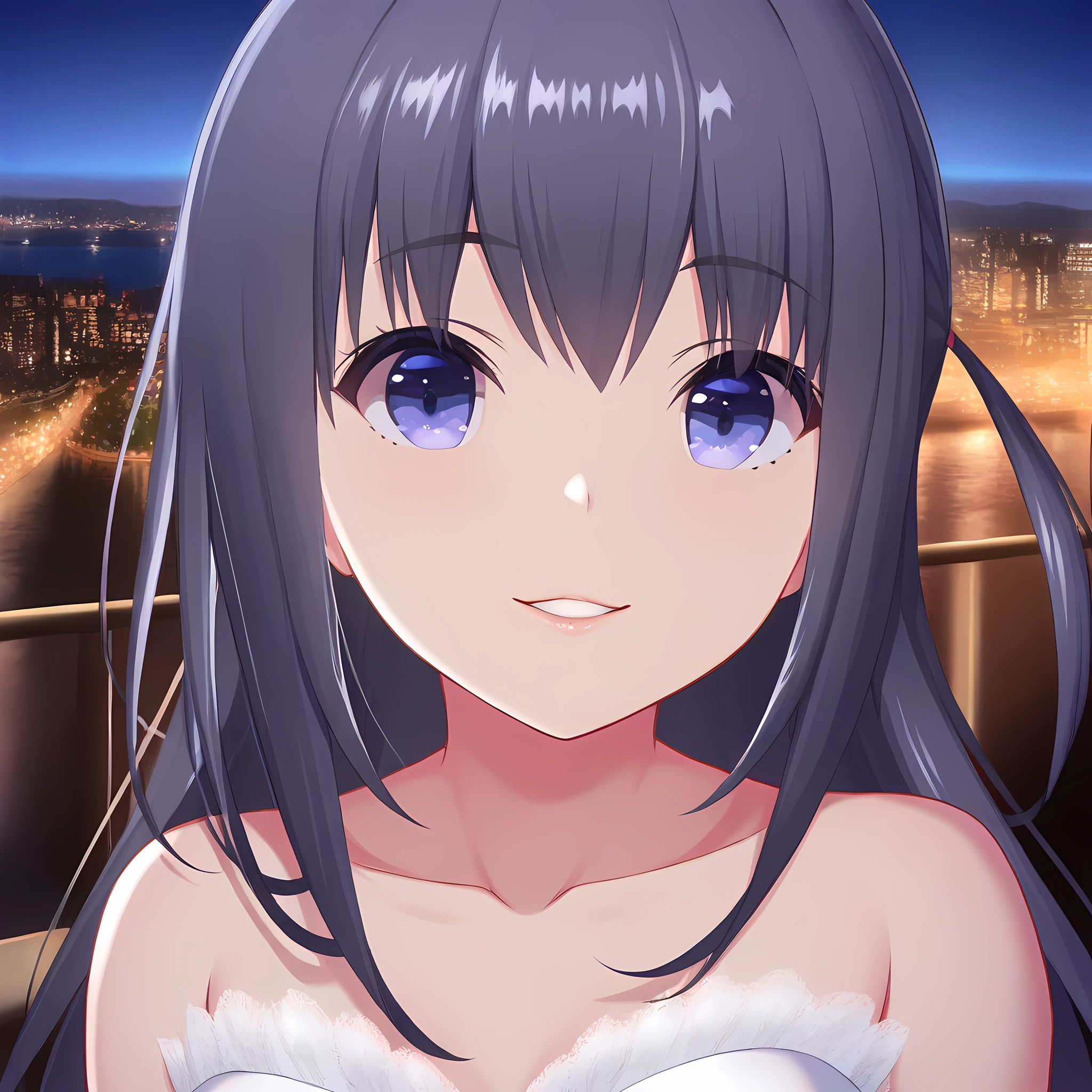 nagase mana, 1girl, one side up, close-up, smile, looking at viewer, parted lips, portrait, city background, midnight, bare shoulders, white dress, <lora:nagasemana:1>, (masterpiece),(best quality),(ultra-detailed),(best illustration),(best shadow),(absurdres),(detailed background),(very aesthetic),