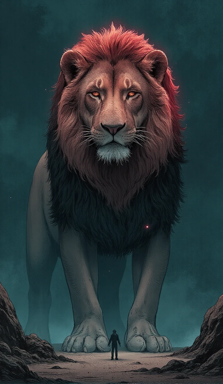 A surreal and captivating painting depicting a massive, slumbering lion with a glowing red fur, dominating the foreground of a desolate, dark landscape. The lion' immense size looms over a solitary figure standing at a distance, their eyes fixed on the ethereal. The lion look powerful but sad almost like hes crying. The scene exudes an otherworldly atmosphere, filled with mystery and wonder. The color palette consists of dark colors and teal hues, with soft lighting, a textured background, and an ethereal glow. The crystal-like textures and shallow depth of field create a sense of depth and intrigue. This masterpiece draws inspiration from the works of Salvador Dali and H.R. Giger, capturing the essence of dark fantasy in a cinematic, photographic
<lora:Ghoul:1> This is a digital drawing in a manga-inspired style,