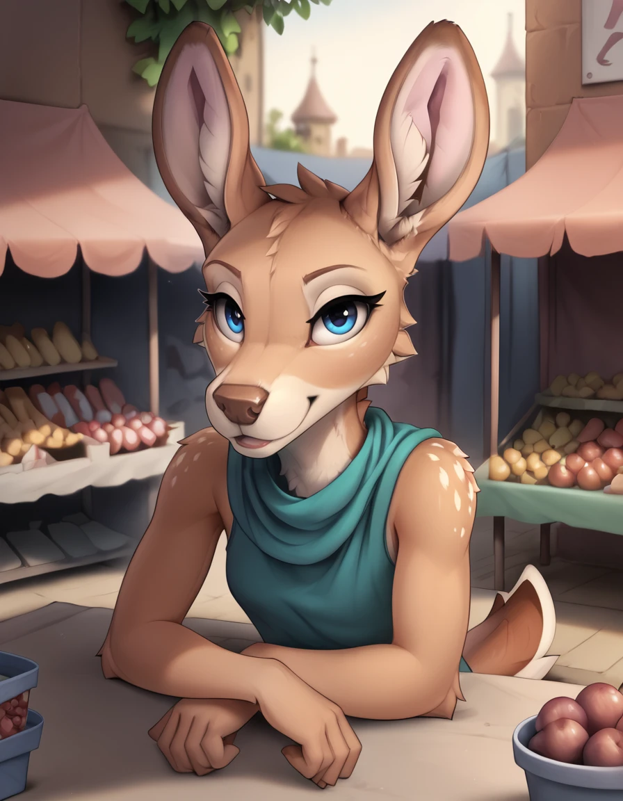 indoors,market,detailed background,
Iris,1girl,solo,animal ears,furry female,body fur,tail,snout,animal nose,brown fur,white fur,two-tone fur,deer ears,blue eyes,animal feet,
seductive smile,long eyelashes,
casual, 
<lora:Iris_v01_PDXL:1>,