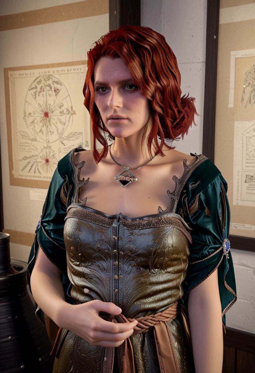 score_9, score_8_up, score_7_up Triss Merigold brewing a powerful elixir in a hidden Novigrad cellar, magical runes glowing softly around her.