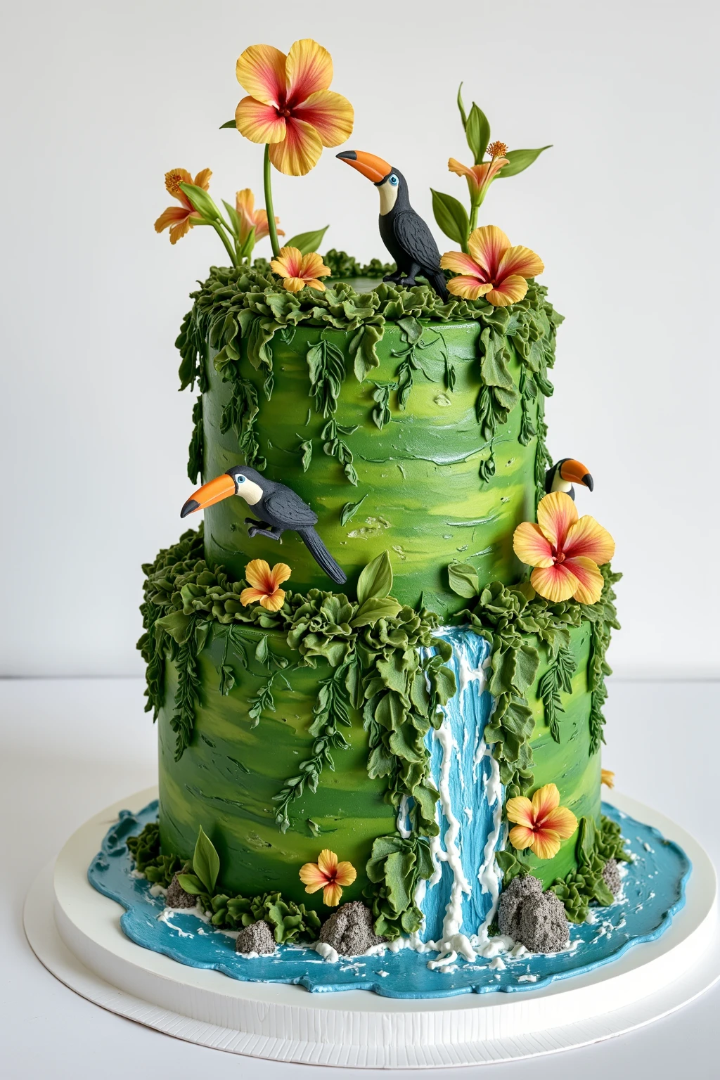 CynthiaCake. Design a cake that captures the lush essence of a tropical rainforest. The cake should be enveloped in vibrant green icing with lifelike textures. Decorate it with sugar-crafted jungle leaves, ferns, and exotic edible flowers such as hibiscus and orchids. Include small edible parrots and toucans perched among the foliage, and create cascading edible vines that drape from the top tier down the sides. To add a unique touch, make an edible waterfall flowing down one side with sugar-crafted blue water and small, edible rock formations at the base