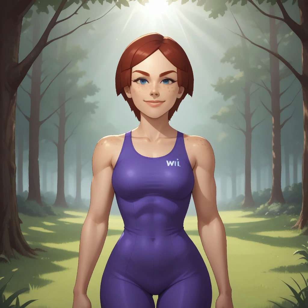 score_9, score_8, BREAK, solo, wii, mii, female mii, wii sports, 1girl, blue eyes, dark red hair, dark red eyebrows, lips, freckles, purple clothing, white pants, shoes, nintendo mii, modern_mii, classic_mii, breasts, Giovanna_(Wii_Sports), sexy pose, smile, outdoors, sunlight, shadows, evening lighting, natural lighting, forest, trees, grass, orange sky, sunset