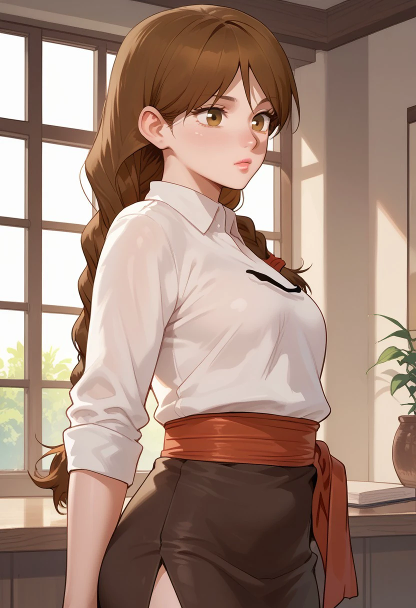 score_9, score_8_up, score_7_up, BREAK, Lina_WDE, long hair, braided ponytail, brown hair, brown eyes, white shirt, red sash, brown miniskirt, pencil skirt, 1girl, solo,