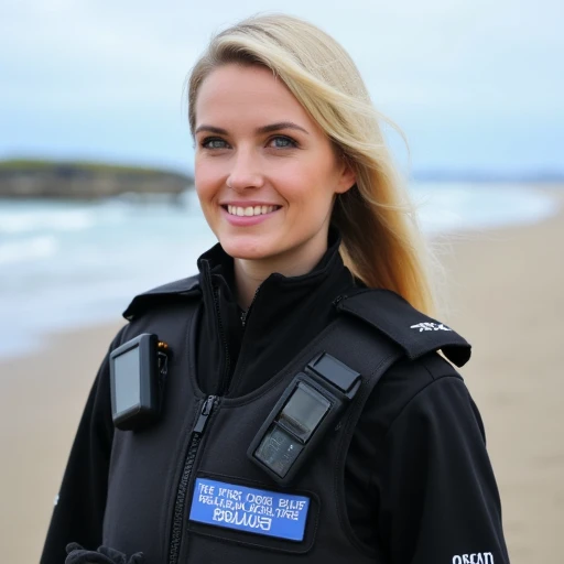 a tall blonde woman wearing modern british police uniform stood on a cold british beach