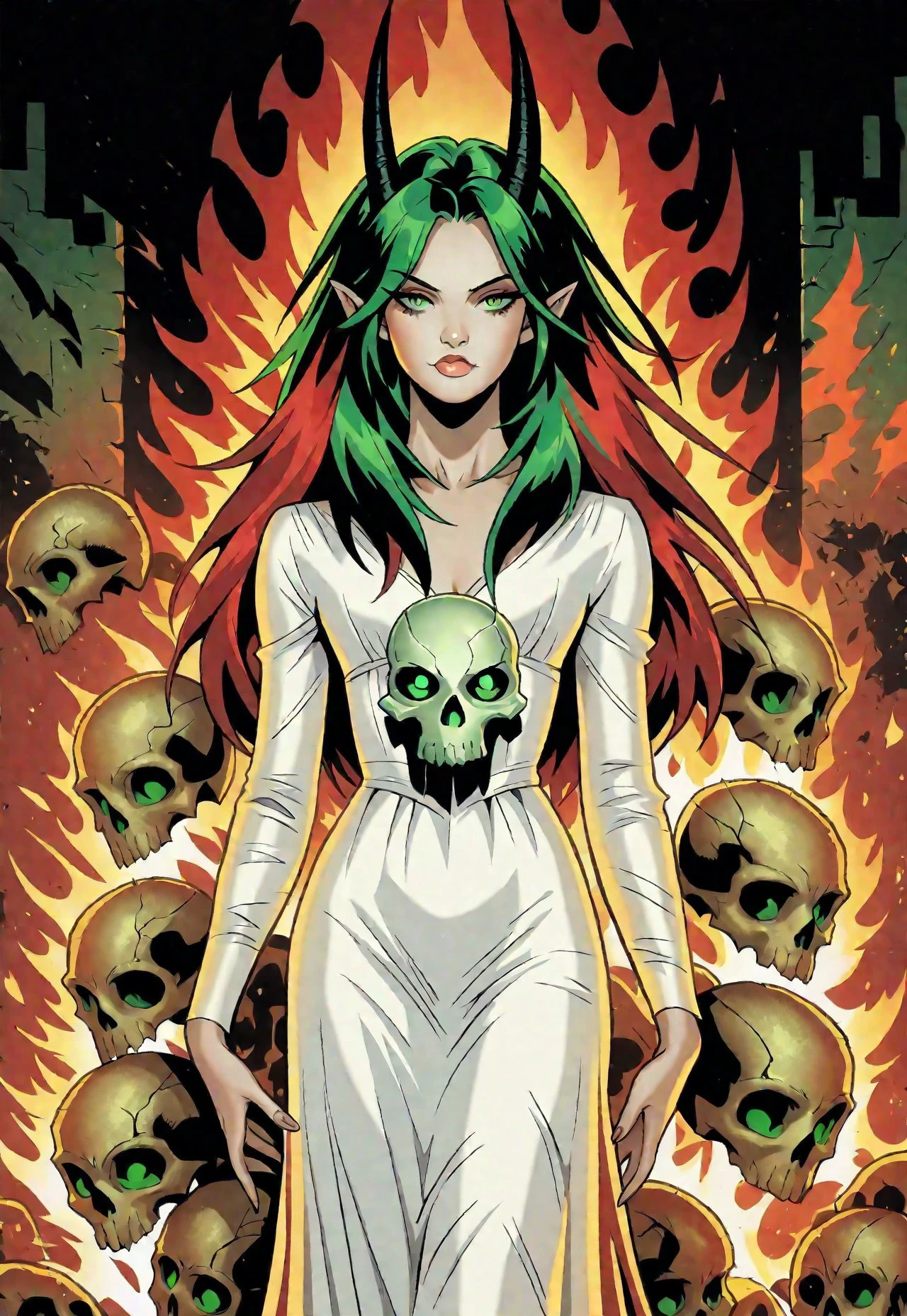 b4ch3l0,  1girl, pointy ears, green eyes, solo, green hair, skull, looking at viewer, red hair, multicolored hair, long hair, fire, flames, horns, two-tone hair, dress, lips, white dress, comic art style, illustration, best quality, masterpiece