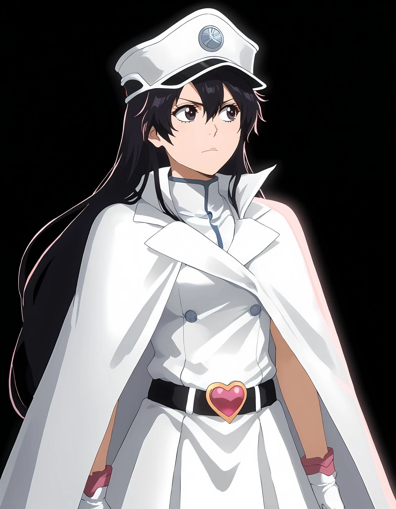 <lora:Bambietta_Basterbine_Bleach:1>simple black background,
bambietta_basterbine, 1girl, black hair, long hair, hair between eyes,
white peaked cap, white gloves, white jacket, white skirt, black belt, heart belt buckle, pink clothing accents, white cloak
from front, looking away