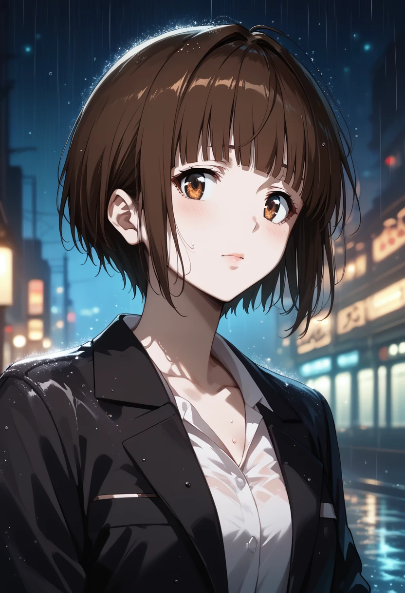 score_9, score_8_up, score_7_up, score_6_up, source_anime, absurdres, highres, sharp detailed, 4k, 8k, 16k, official art, sharp focus, character focus,
tsunemori akane, 1girl, solo, looking at viewer, closed mouth, short hair, shirt, brown hair, brown eyes, jacket, collarbone, white shirt, upper body, blunt bangs, formal, suit, rain, portrait,
city, outdoors, night, dark theme, black theme, rising particles, glowing particles, depth of field, science fiction <lora:Akane_Tsunemori__Psycho-Pass:1.0> <lora:AuraGlow_Style_v2:1.0>