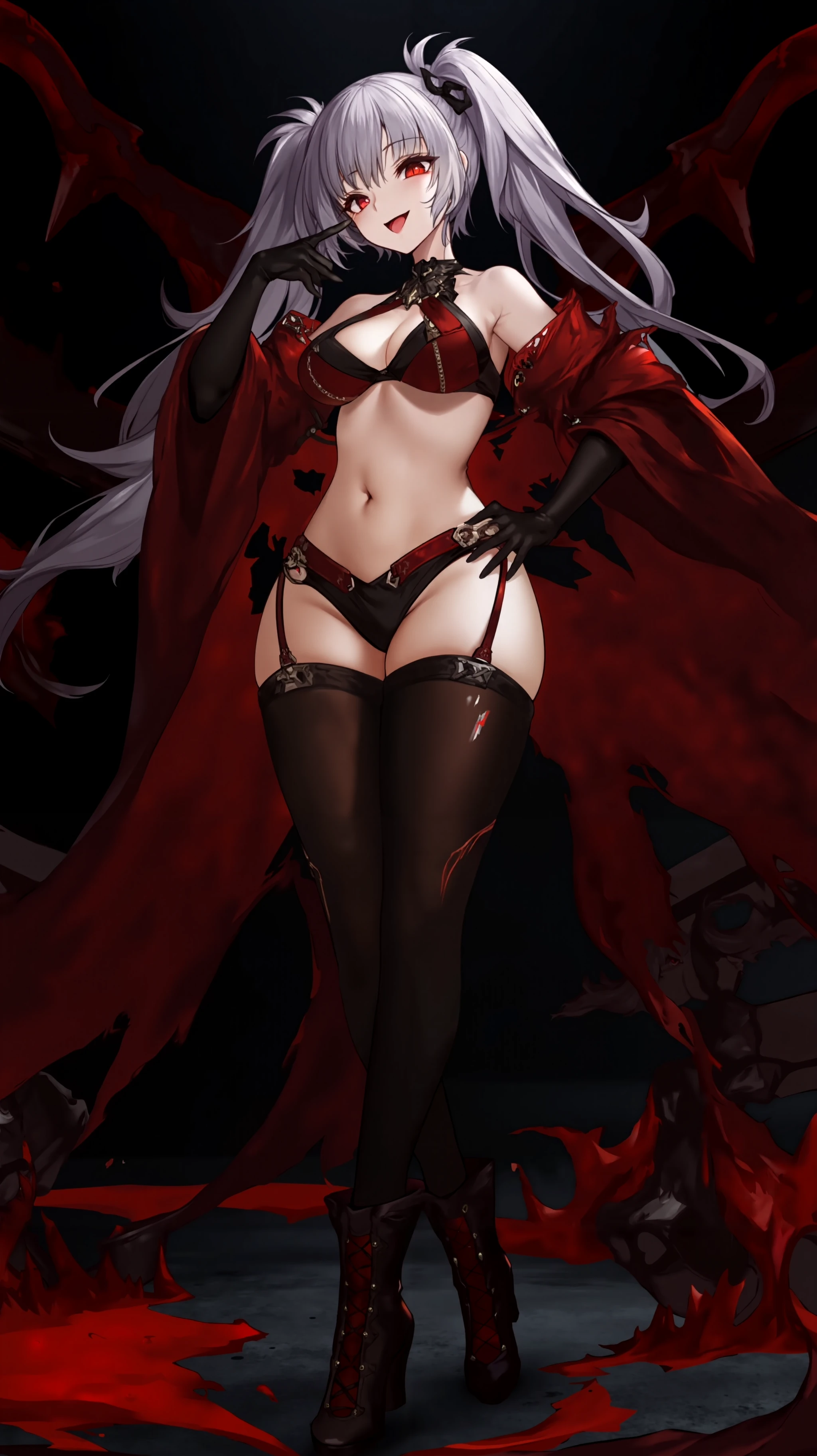 This is a digital illustration in Yostar META style, depicting a young woman with a striking, gothic aesthetic. She has long, flowing silver hair styled in twin tails, adorned with a black hairband. Her eyes are a striking red, giving her an intense, almost demonic appearance. She has a slender yet curvy physique and is dressed in a revealing outfit that includes a black and red, lace-trimmed bralette, matching garter belt, and thigh-high stockings. Her attire is accessorized with a red cape that flows dramatically behind her, and she wears black gloves that extend to her elbows. 

She stand with hands on her hip. Her outfit is adorned with chains and metal accents, adding to the gothic, edgy theme. The background is a dark, abstract mix of reds and blacks, with swirling, almost demonic shapes suggesting a chaotic, industrial environment. The ground appears to be a metallic, possibly futuristic surface, with scattered, ominous, red and black mechanical parts. The overall atmosphere is dark and intense, emphasizing the character's bold, rebellious persona.