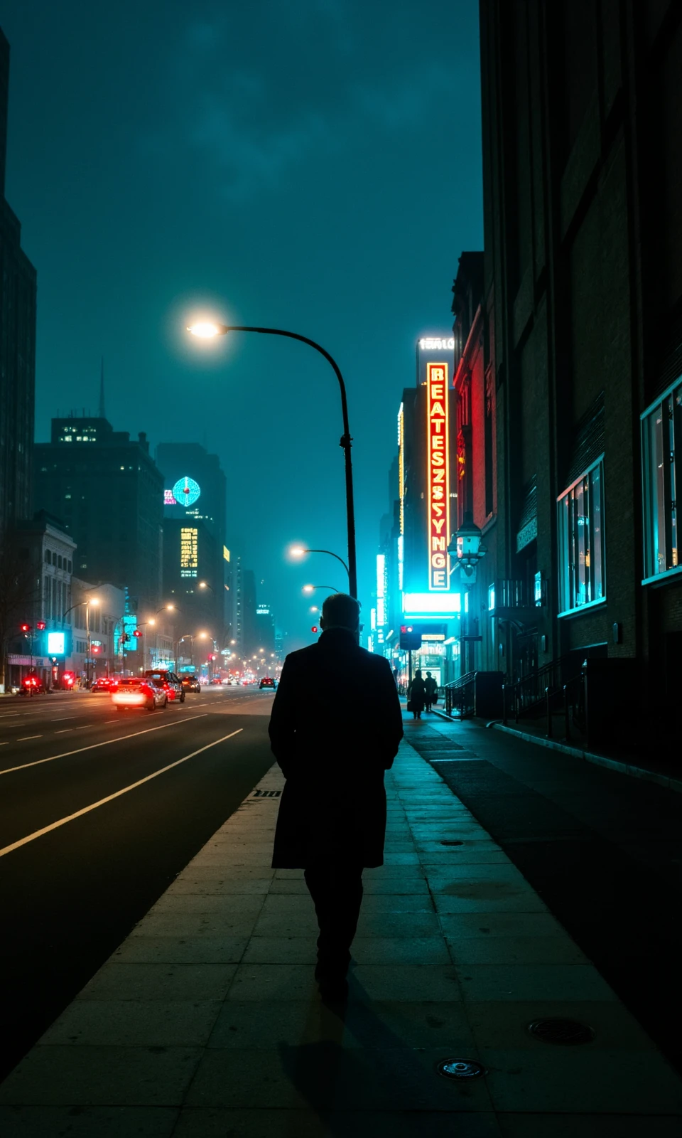 Silhouette of a man walking down a dimly lit, empty sidewalk in a dystopian city at night, the man is dressed in a long coat, with his back to the viewer, he is silhouetted against the dark sky, which is filled with thick, dark clouds, the street is lined with tall buildings on the right side, and on the left side, there are numerous neon signs in various colors, including red, yellow, and blue, illuminating the scene with a warm glow, the buildings have large windows, and there are street lamps and traffic lights on either side of the sidewalk, casting a soft glow that contrasts with the dark, smoky atmosphere, vibrant colors of the neon signs.