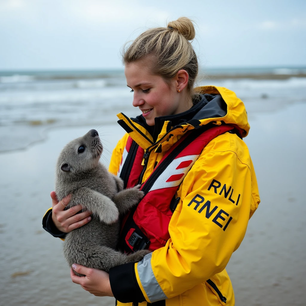 Imagine an image in photorealistic detail: A young woman with pixie cut blonde hair wearing a British RNLI uniform, with "RNLI" clearly displayed on her waterproof jacket, stands knee-deep in the shallow waves on a sandy beach. She cradles a small, wet seal cub gently in her arms, the young animal looking up at her with wide, curious eyes. Her yellow and red uniform, soaked from the sea spray, contrasts against the soft gray and white of the seal cub's fur, capturing a tender moment of rescue and care amidst the open coastal landscape.