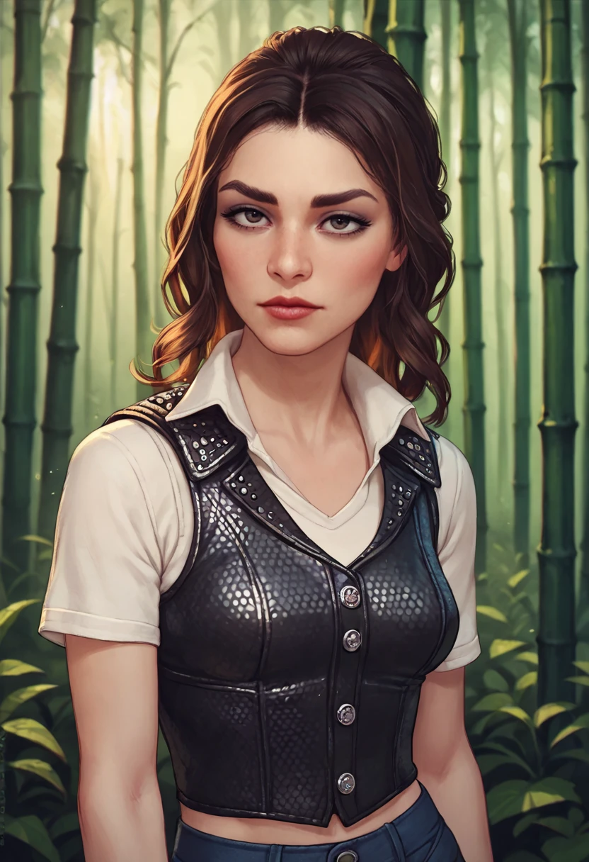 <lora:Sarah-pxl:1.1> sarah-pxl, sarah, realistic, 1girl, solo, eye_roll, pectoral focus, Studded vest, Fire Briefs, skin tight, underbust, bamboo forest,, score_9, score_8_up, score_7_up, score_6_up, score_5_up, score_4_up,