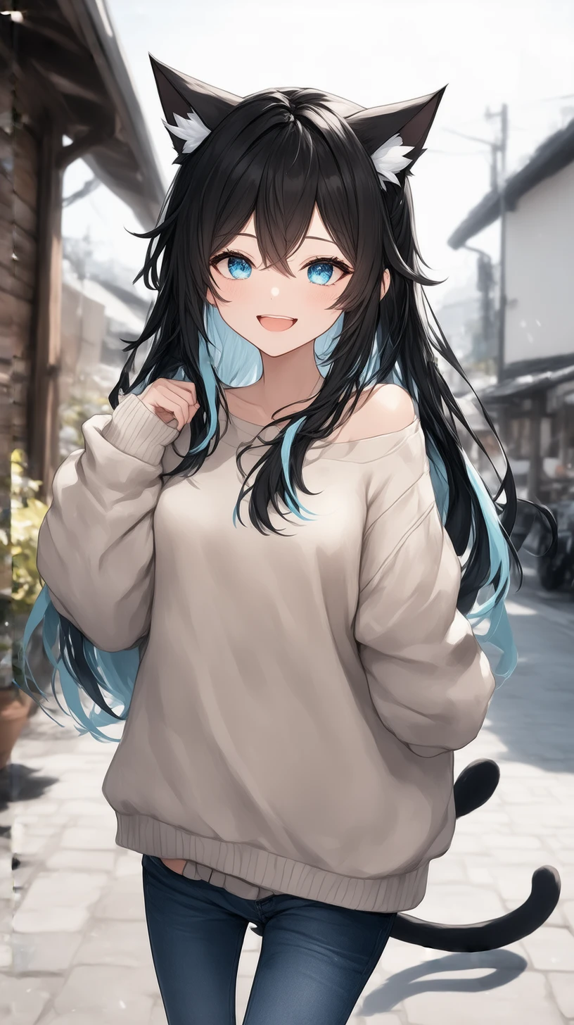 A charming anime-style portrait of a Miqo'te girl with a warm, friendly smile. Her distinctive black cat ears perk up attentively atop her head, and her long black hair with ice-blue tips falls naturally around her shoulders. Her bright blue eyes sparkle with a playful gleam, and her black cat tail curves gracefully behind her. She's wearing a cozy oversized sweater and casual jeans, giving her a comfortable, approachable look. Her expression is sweet and inviting, like running into a friend on a weekend afternoon. The lighting is bright and natural, creating a warm, everyday atmosphere.