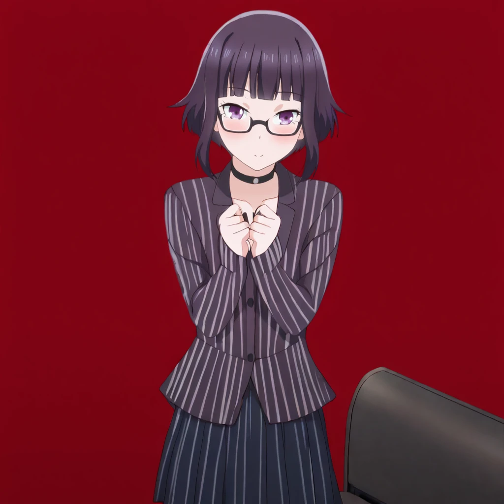 <lora:majo_pony_v1:0.8>Majo, 1girl, purple eyes, short hair, black hair, blunt bangs, cowboy shot,  <lora:0856 OL professional suit skirt 1_v1_pony:1> ruanyi0856,striped jacket,choker,black pantyhose,striped skirt,glasses,black skirt,pinstripe pattern