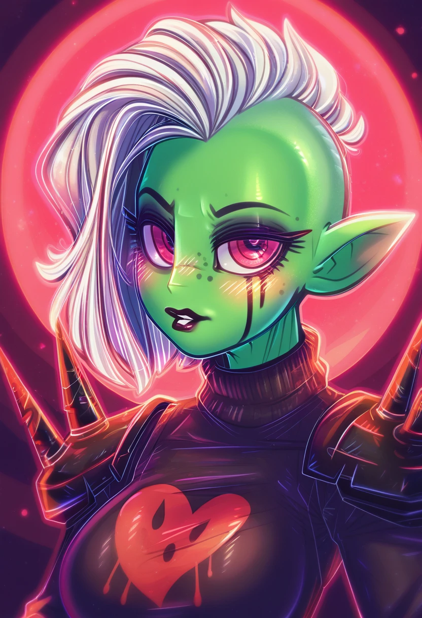 zPDXL, score_9,score_8_up,score_7_up,_up,source_cartoon, best quality, amazing quality, masterpiece, 1girl, looking at viewer, solo, blush,  black lips, <lora:LordDominator3D:0.8>,  lord dominator wo!262, green skin, breasts, white hair, pink eyes, freckles, no nose, pointy ears, dark forest, night, red moon, stars at the sky, wallpaper, beautiful nature, beautiful background, clevage,sweater, large breast, visible boobs, dimwitdog, <lora:dimwitdog:1.2>