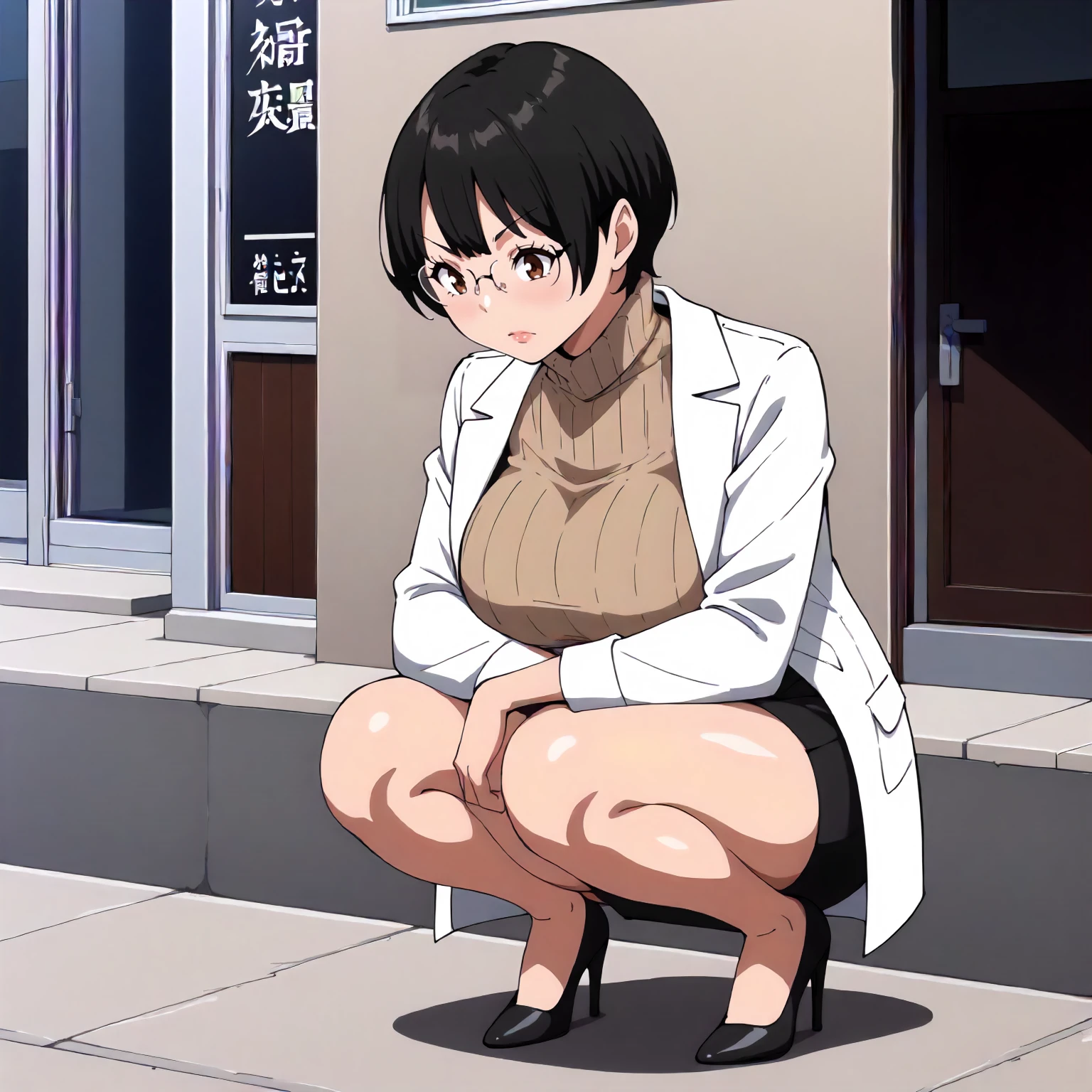 <lora:BnHgDR_SayaSakariXLpony001>,
outdoors,
solo,
SayaSakari,1girl,black hair,short hair,brown eyes,eyewear,
large breasts,
turtle neck sweater,white coat,sleeves rolled up,
black skirt,
high_heels,
squatting,