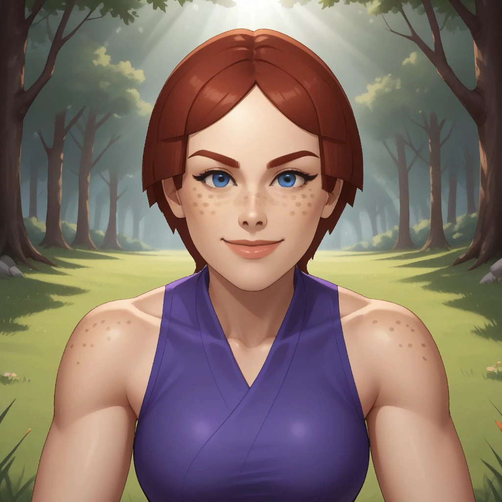 score_9, score_8, BREAK, solo, wii, mii, female mii, wii sports, 1girl, blue eyes, dark red hair, dark red eyebrows, lips, freckles, purple clothing, white pants, shoes, nintendo mii, modern_mii, classic_mii, breasts, Giovanna_(Wii_Sports), sexy pose, smile, outdoors, sunlight, shadows, evening lighting, natural lighting, forest, trees, grass, orange sky, sunset