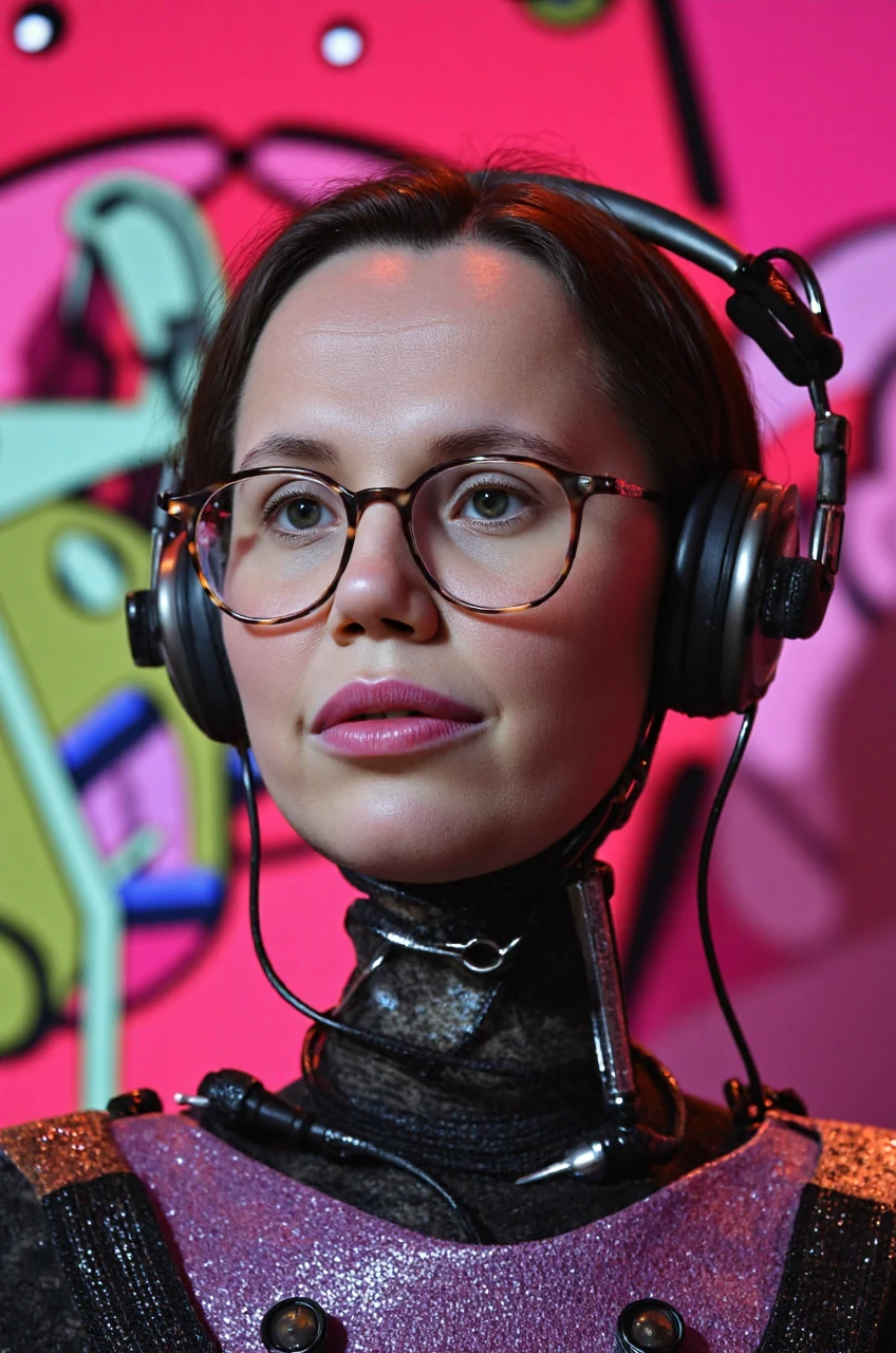 vaporwave style cybernetic robot <lora:Mirjam Bikker:1.8> Mirjam Bikker wearing glasses . android, AI, machine, metal, wires, tech, futuristic, highly detailed . retro aesthetic, cyberpunk, vibrant, neon colors, vintage 80s and 90s style, highly detailedâââ