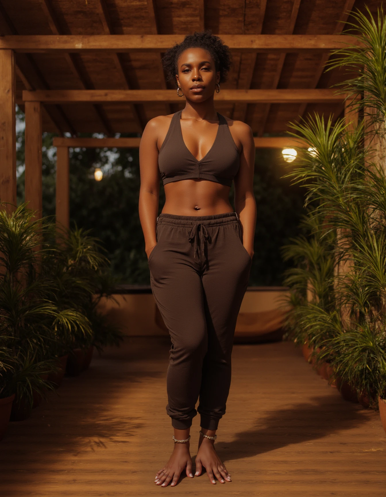 A Tanzanian woman with rich, warm brown skin, intricate wrinkles, and slight blemishes stands barefoot on a wooden pergola, green plants and hanging lights surrounding her. She's centered, eyes level, lips slightly parted, bathed in strong backlight, creating a twilight ambiance. The scene is shot on a Ricoh GR III, capturing ultra-detailed, high-resolution skin texture. The lighting is soft and warm, with a strong backlight casting a gentle halo around her, set in an outdoor twilight setting. The composition is reminiscent of Chris Burkard's style, with rich film grain and a warm, nostalgic color grading. <lora:Handfeet_-_Flux:1>