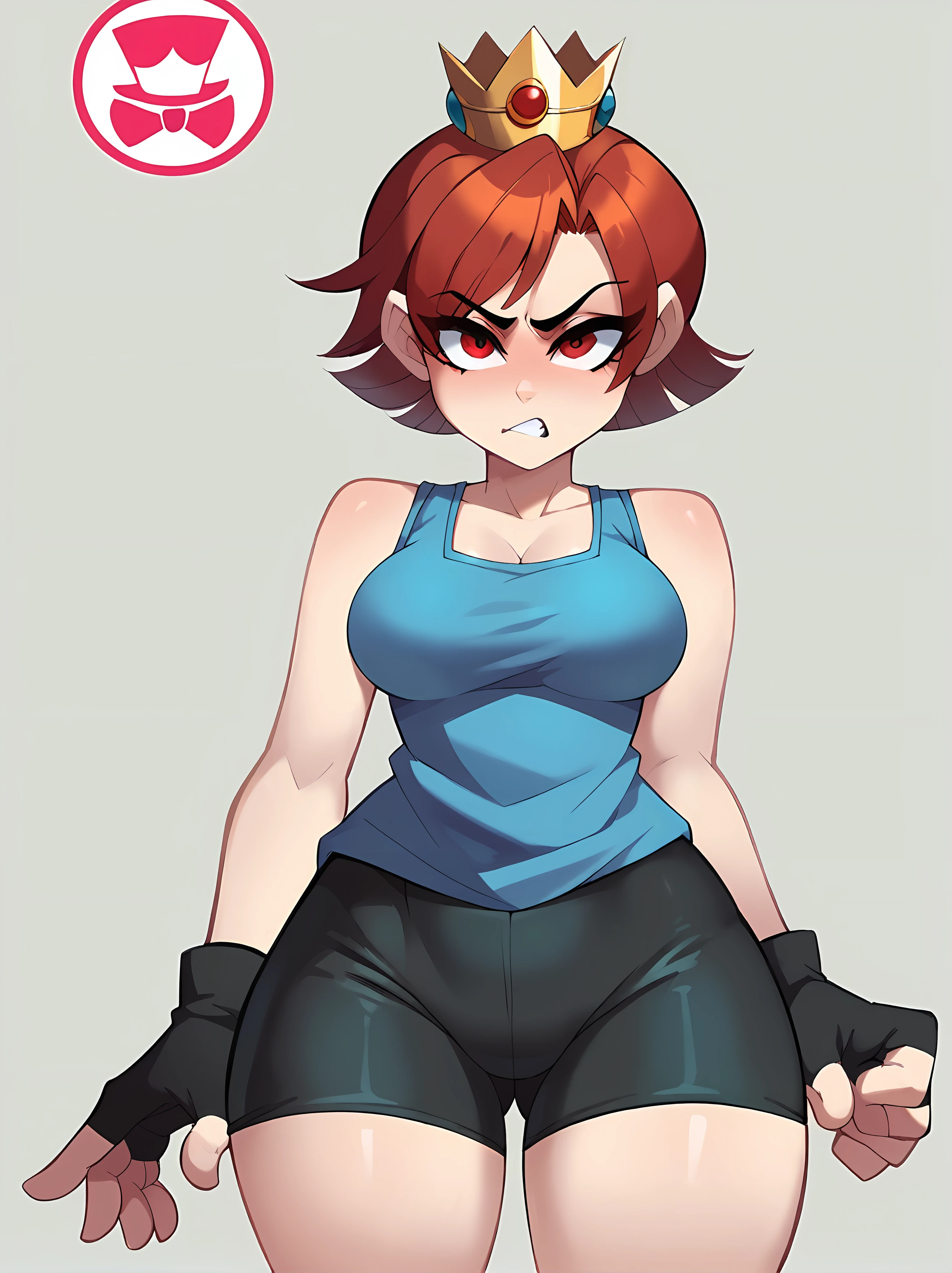 score_9, score_8_up, score_7_up, score_6_up, score_5_up, raichiyo33, 1girl, curvy, simple background, solo, 1girl, red eyes, curvy, Enti, Short Hair, Red Hair, gloves, shorts, black gloves, fingerless gloves, hand up, crown, black shorts, tank top, bike shorts, crown, angry, <lora:Enti-05:1>,  <lora:SchpicyStyle-03:1> Schp1cy