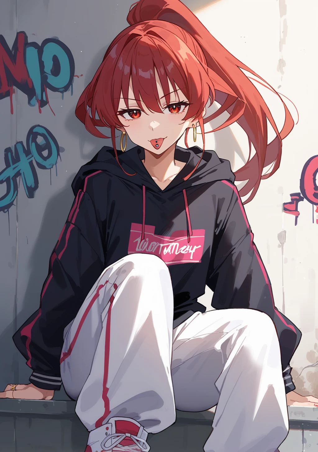 score_9, score_8_up, score_7_up, source_anime,high detail, detailed face,volumetric lighting,1girl,hiroe,red hair,ponytail,bangs,red eyes,(tareme:1.2),droopy eyes,half-closed eyes,<lora:hiroe:1>,,hoop earrings,rapper,baggy clothes,black hoodie,baggy pants,sneakers,gold ring,accessories,depth of field,PONYXL_GraffitiWall_ownwaifu,graffiti, against wall,sitting,proud,Naughty,tongue piercing,tongue out,<lora:PONYXL_GraffitiWall_ownwaifu:0.8>