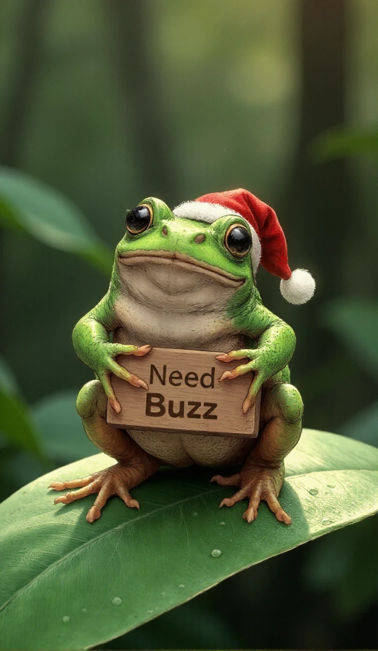 a tiny frog perched on the edge of a dew-covered leaf at dawn, holding a small wooden plaque between its delicate front feet. The plaque is etched with the words "Need Buzz". The frogâs skin is a vibrant mix of emerald green and golden hues, with intricate veins and tiny bumps visible in stunning detail. Its large, glossy eyes reflect the soft morning light, capturing the misty surroundings. Tiny droplets cling to its skin and the leaf, shimmering like crystals in the early sunlight. The background fades into a gentle blur of earthy greens and browns, focusing attention on the frog and its quirky message in this quiet, magical moment. the little frog has a white beard and a small santa claus hat
<lora:Ghoul:1> This is a digital drawing in a manga-inspired style,
