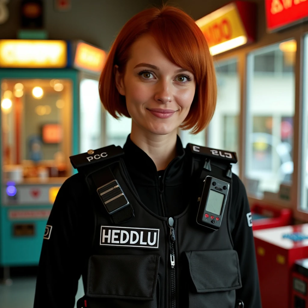 a short redhead woman wearing modern british police uniform stood inside an old amusement arcade, a black nameplate with white text on her uniform has the text "HEDDLU"