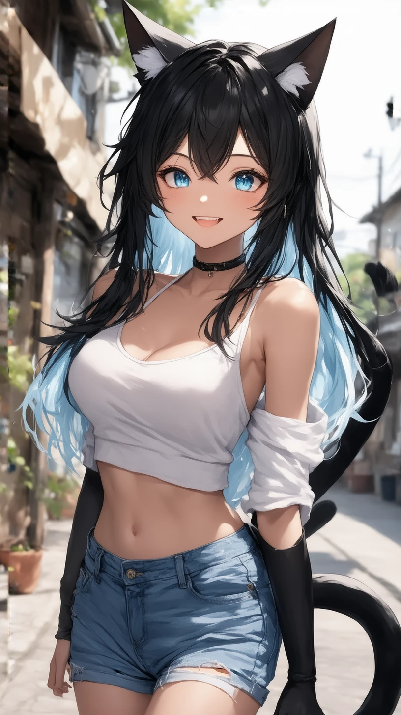 A charming anime-style portrait of a Miqo'te girl with a warm, friendly smile. Her distinctive black cat ears perk up attentively atop her head, and her long black hair with ice-blue tips falls naturally around her shoulders. Her bright blue eyes sparkle with a playful gleam, and her black cat tail curves gracefully behind her. She's wearing a cute crop top and casual jeans, giving her a comfortable, approachable look. Her expression is sweet and inviting, like running into a friend on a weekend afternoon. The lighting is bright and natural, creating a warm, everyday atmosphere.