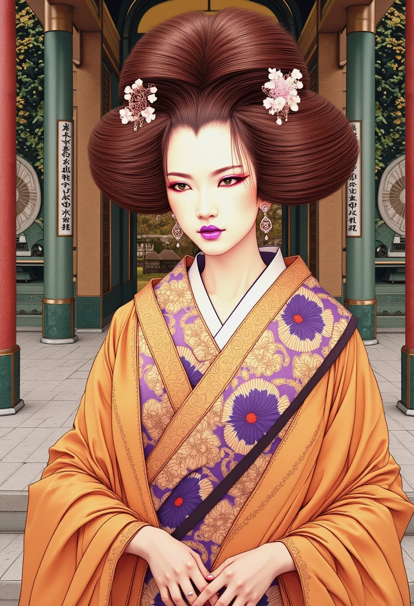 The image is a digital drawing in a highly detailed, traditional Japanese style, specifically a mix of ukiyo-e and modern digital art of stunning, Vibrant himation with a striking border pattern and soft, flowing fabric, Phenom, Tall, Firm, Diamond-Shaped Face, Olive Skin, Auburn Hair, Brown Eyes with Green Flecks, Long Nose, Pouty Lips, Prominent Chin, Long Hair, Coarse Hair, Wavy Layered Bob, asymmetrical breasts, Dangle earrings, lavender metallic lipstick, Imposing structure with towering columns and grand archways