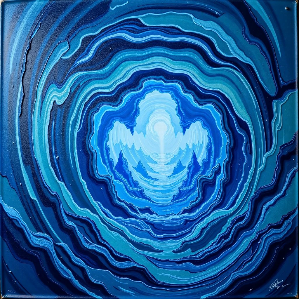 a cinematic poster for the film "OCXDJM". In the center, a massive, swirling blue vortex dominates the scene, evoking a sense of mysterious and powerful energy pulling everything inward. The vortex is surrounded by jagged, dark shapes resembling icy cliffs, adding a cold, foreboding atmosphere. The title "OCXDJM" is placed prominently over the vortex in bold, slightly fractured text, as if affected by the energy around it. Above or below, add a tagline: "Everything will be drawn in." Use a color palette dominated by deep blues, grays, and subtle white highlights to emphasize the eerie, chilling mood. Add a faint glow and small particles around the vortex for an ethereal, unsettling effect.,ocxdjm style