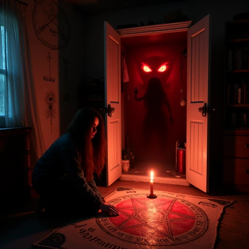 A dimly lit, cluttered bedroom bathed in the eerie glow of a single candle flickering on a Ouija pentagram. In the center of the room, a 18 year old female with a determined expression is kneeling before an open closet. A chilling Ouija pentagram lies on the floor, its planchette resting at the center of a hastily drawn Ouija pentagram made of red chalk. Her fingers, trembling with a mix of excitement, hover just above the planchette as she is beckoning a female demon from hell. The closet door creaks open slightly, revealing the abyssal darkness within, from which a set of glowing red eyes emerging from the hellish gaze of a female demon of hell it's self is manifesting. The female demons shadowy body stepping out by a fiery aura that seeps from the closet, casting a sinister light upon the girl and the Ouija pentagram. The room's atmosphere is thick with anticipation, the very air charged with otherworldly energy. The female surroundings, from the sigils drawn on the walls to the dusty bookshelf full of witch craft in the background, seem to lean in, as if eager to witness the impending horror she to unleash. The scene is a potent mix of darkness, and terror, as the she desire to summon female demon of hell it's self from the depths of the unknown from her ritual.