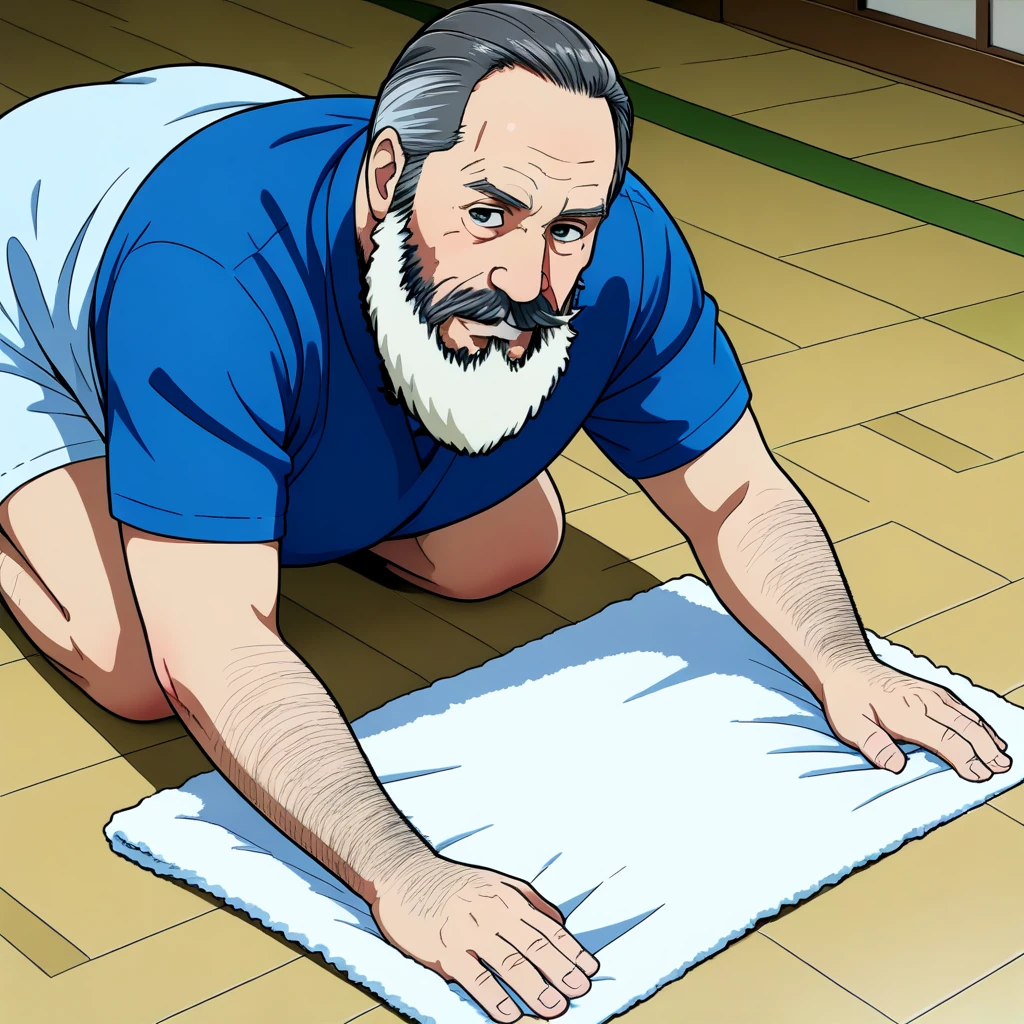 <lora:cleanup_SDXL:0.7>, on the floor with a towel, (mature  beard man:1.3), (white_zoukin:1.2), (zoukin:1.2), (anime coloring:1.3), (blue_shirt)