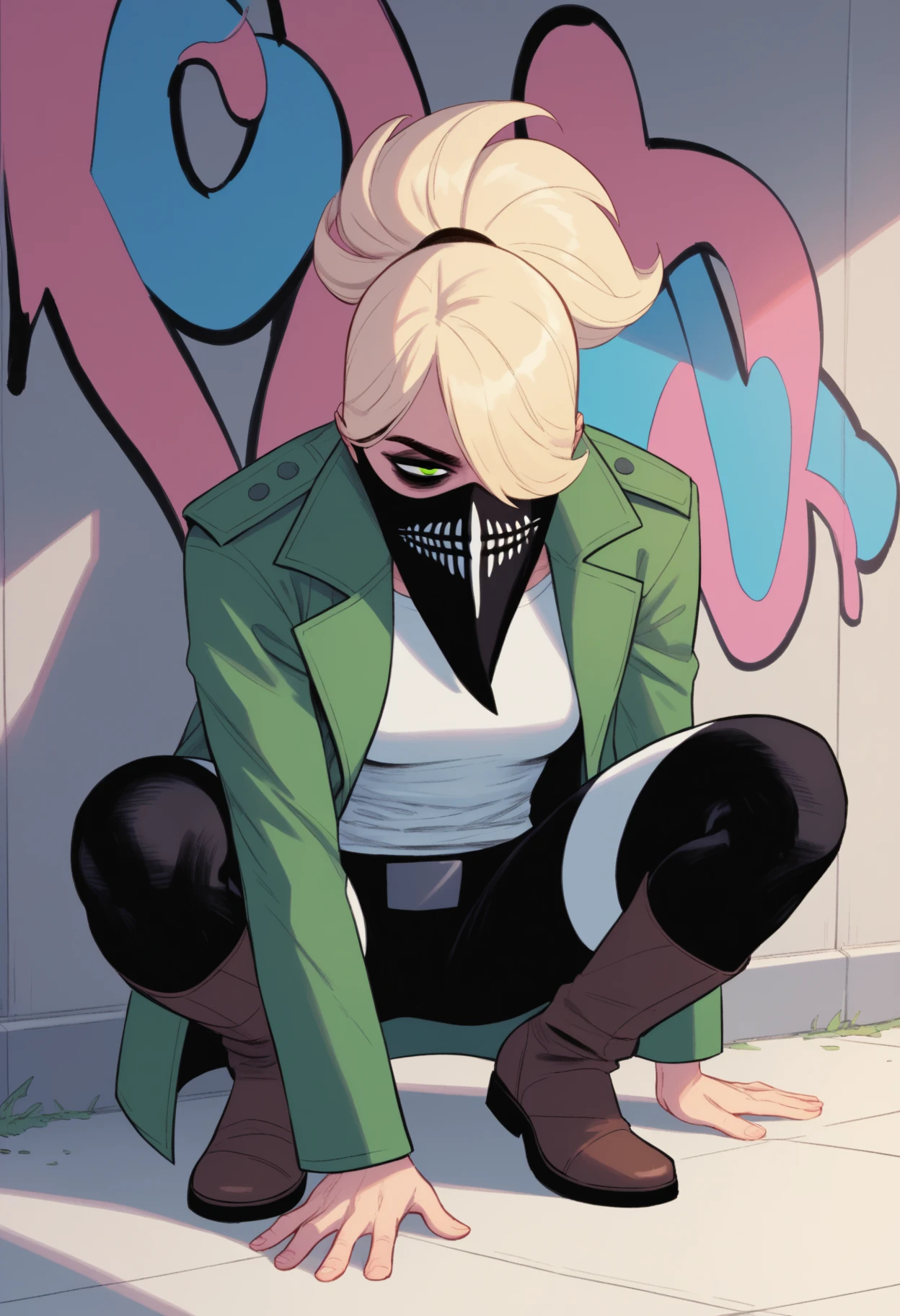 score_9, score_8_up, score_7_up, BREAK,
1girl, ericaslaught, blonde hair, green eyes, hair over one eye, ponytail, lips, mask,
green coat, white shirt, black pants, brown shoes,
colorful, graffiti, bored, slouching, squatting, legs apart, [refraction|caustics|rim lights|backlighting|bloom],  <lora:EricaSlaughterPDXL_byKonan:1>