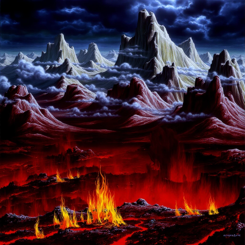 A hell landscape, with mountains. At the bottom has fire and flames. Painting in the style of ir0nm41d3n artstyle, the scene has a fire trail and smoke