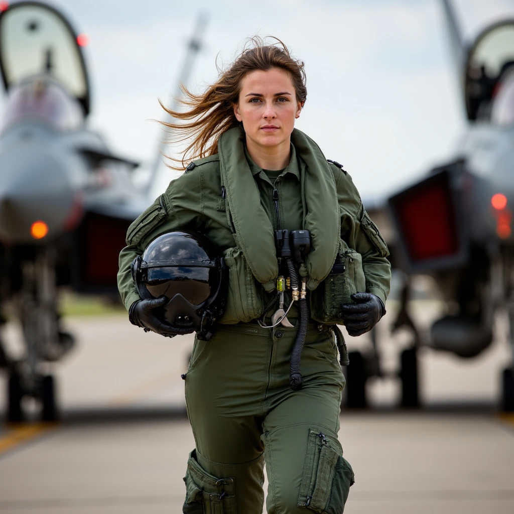 Imagine an image in cinematic action: A female RAF pilot, wearing an RAF flight suit, sprints across the tarmac towards her aircraft, her helmet in hand as the warning lights flash around her. Her expression is one of intense concentration, every detail of her flight suit accentuating her readiness for the mission ahead, with the engines of nearby jets roaring to life in the background.