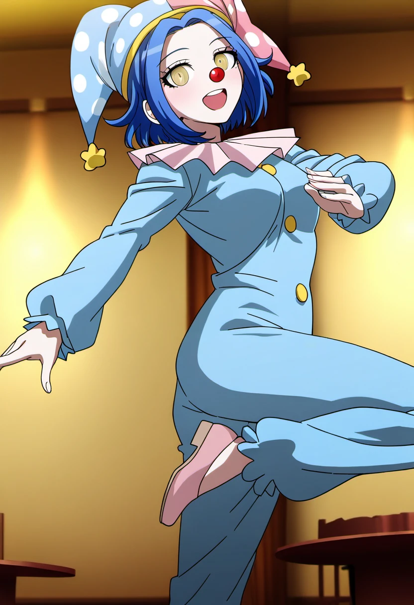 (((solo))), masterpiece, best quality, modern, modern anime, danganronpa_(series),<lora:Satsuki_Iranami_Illustrious:1>, This anime screencap is from Danganronpa the Animation. . Satsuki Iranami is wearing a two-toned jester-like outfit split vertically down the middle with blue on the left side and pink on the right, and a matching jester's cap with white polka dots and a yellow band. Her costume features a white ruffled collar, yellow buttons down the front and curled shoes. Satsuki has short blue hair and striking yellow eyes. She wears a red clown nose.  Satsuki Iranami in the dance hall during the forced party. Instead of traditional ballroom dancing, she's teaching other students circus-style partner acrobatics. She's caught mid-spin as she demonstrates a perfect cartwheel in her light blue ballroom dress, her small side ponytail creating a blue arc through the air.