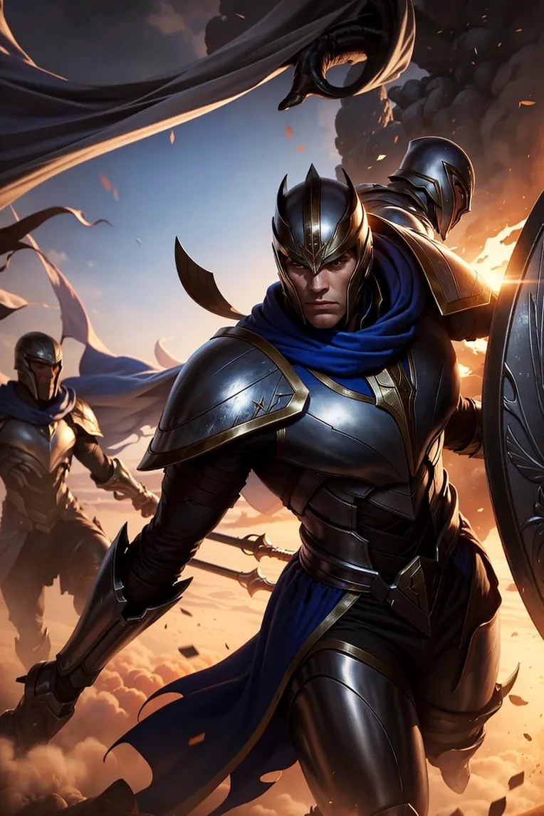 HFhys, armor, helmet, weapon, shield, cape, full armor, male focus, knight, blue cape, polearm, solo focus, 1boy, breastplate, sky