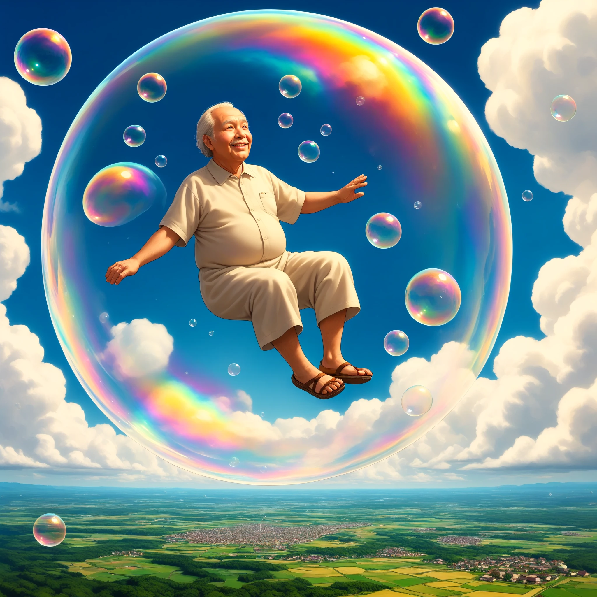 <lora:iridescent_bubble_SDXL:0.7>, day, bubble, sky, outdoors, rainbow, old man, full body, flying