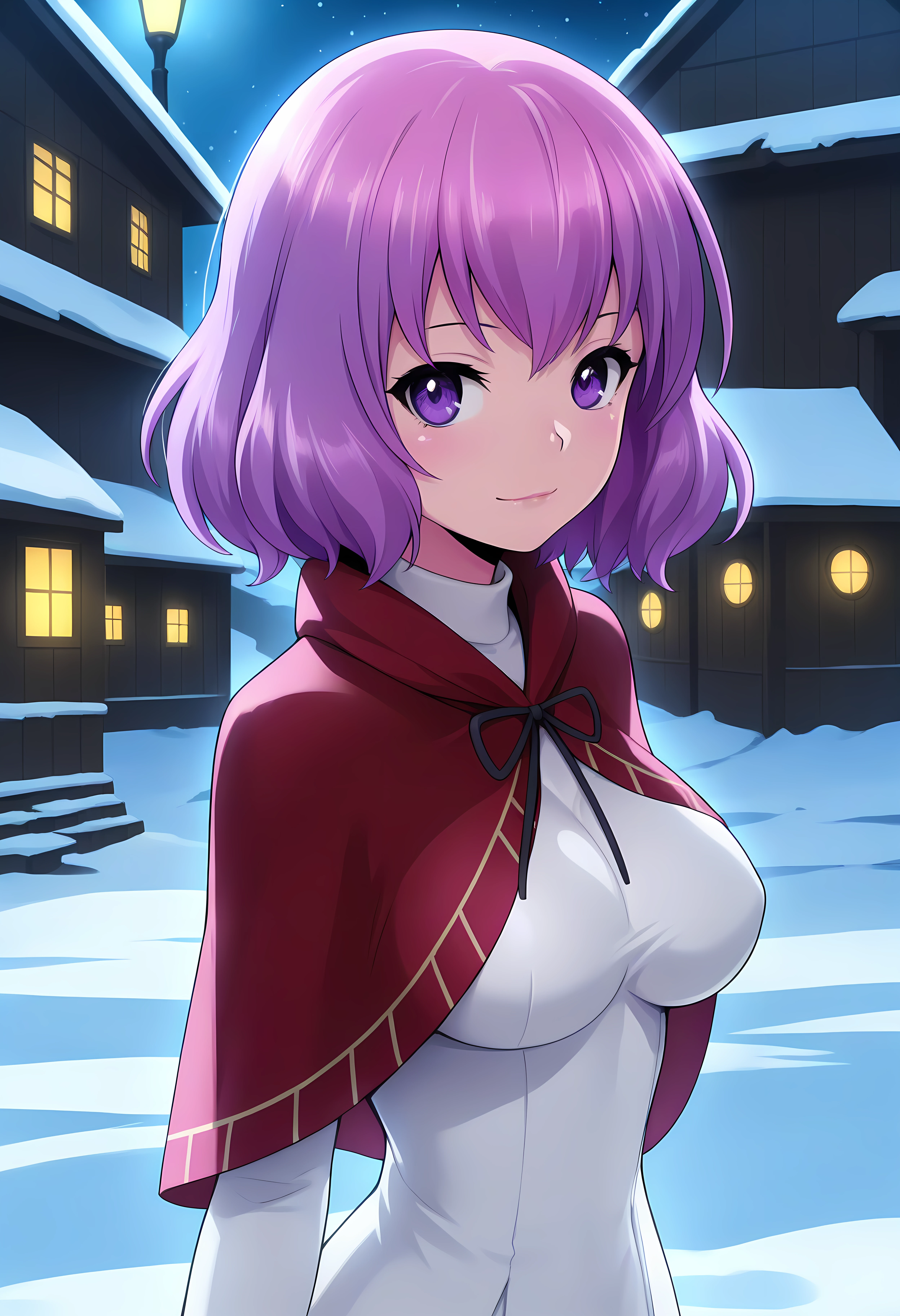 looking at viewer, shiny skin, upper body, light smile, petite,ohwx, short_hair, purple_hair, purple_eyes, 1girl, breasts, large_breasts, medium_breasts, pink_hair,dress, capelet, white_dress, Quiet Japanese village by a river in winter, snow-covered rooftops, calm and serene, warm lights inside,<lora:hanabi_kawai_illustrious_sobsynapse-000003:1>